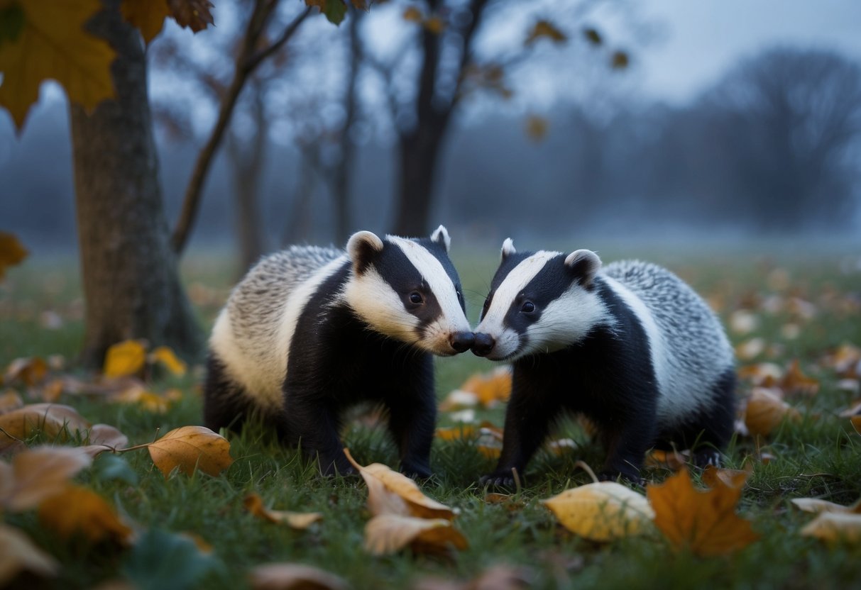 In autumn, badgers emerge from their burrows at dusk, surrounded by fallen leaves and a cool, misty atmosphere