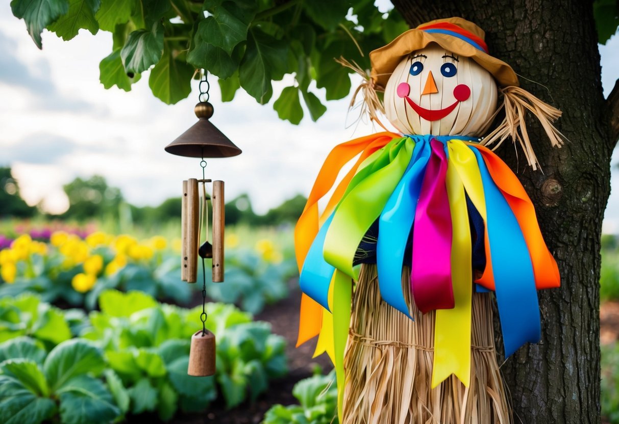 A scarecrow with bright, fluttering ribbons and a loud, clanging wind chime hanging from a tree near a garden of vegetables