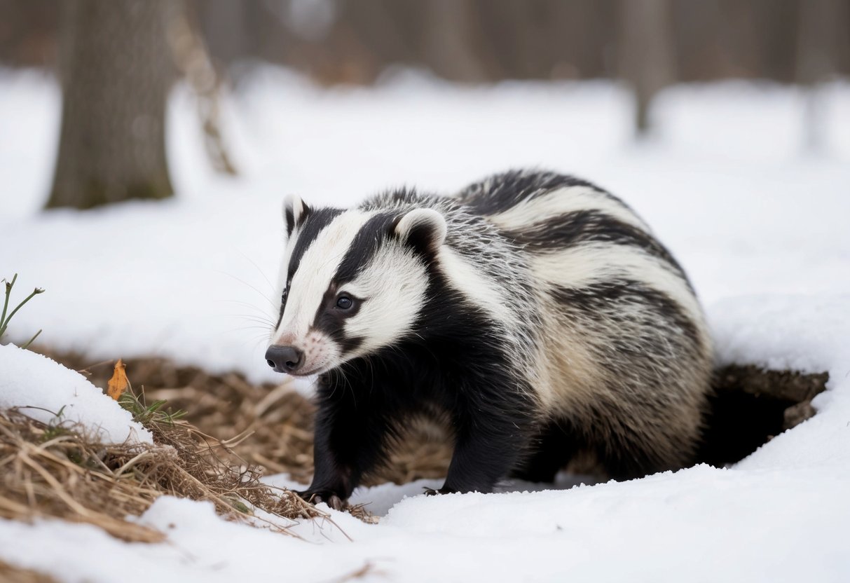 A badger emerges from its burrow in a snowy winter landscape, foraging for food