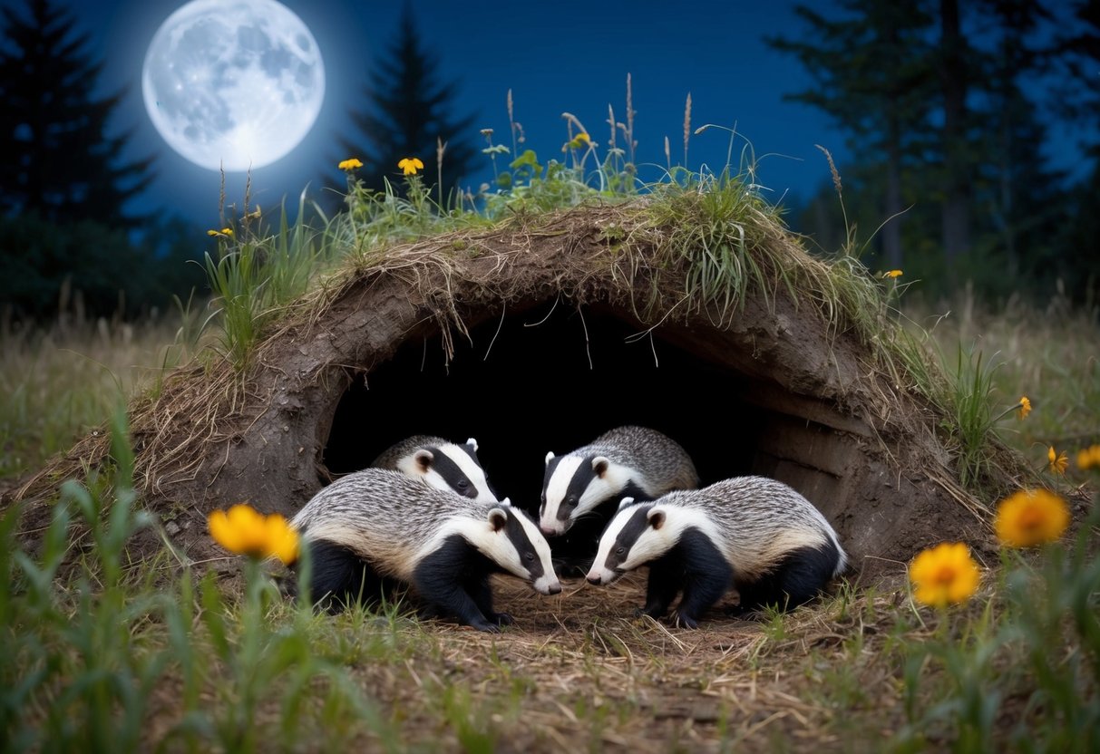 A moonlit forest clearing, with a burrow entrance surrounded by tall grass and wildflowers. A family of badgers emerges, foraging for food in the cool autumn night