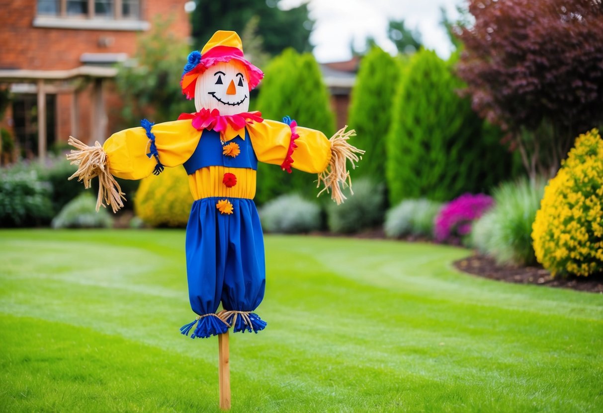A scarecrow with bright colors and noisy elements placed strategically in a well-maintained garden and lawn