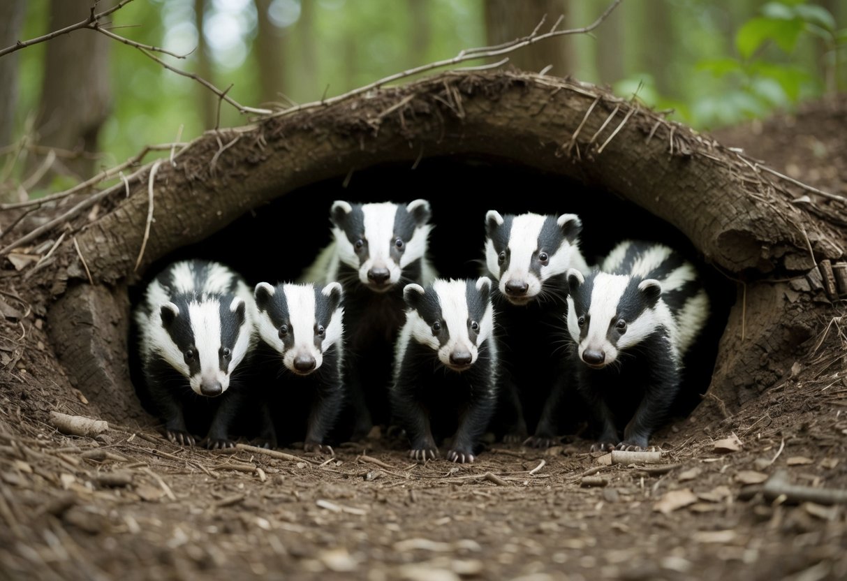 A family of badgers emerges from their underground burrow, consisting of up to six individuals, in a woodland habitat