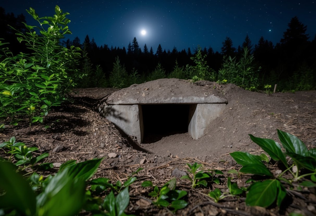 A moonlit forest clearing, with a burrow entrance and surrounding foliage. The stars are visible in the night sky