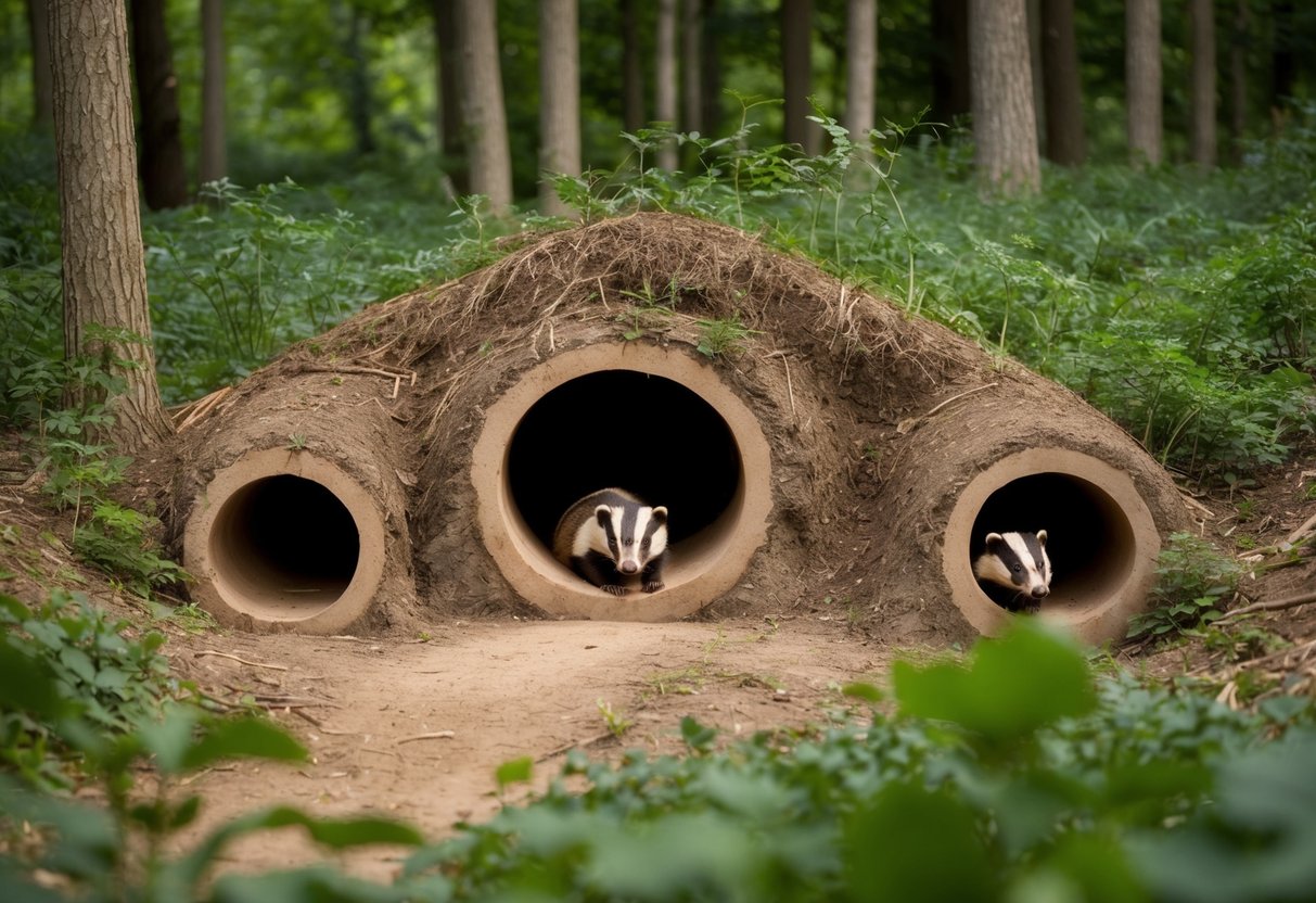 A badger sett with multiple interconnected tunnels and chambers, surrounded by dense vegetation and located in a secluded area of the forest