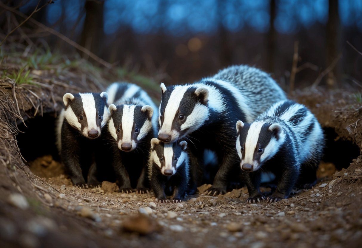 A family of badgers emerges from their underground burrow at dusk, consisting of a mother, father, and two young cubs