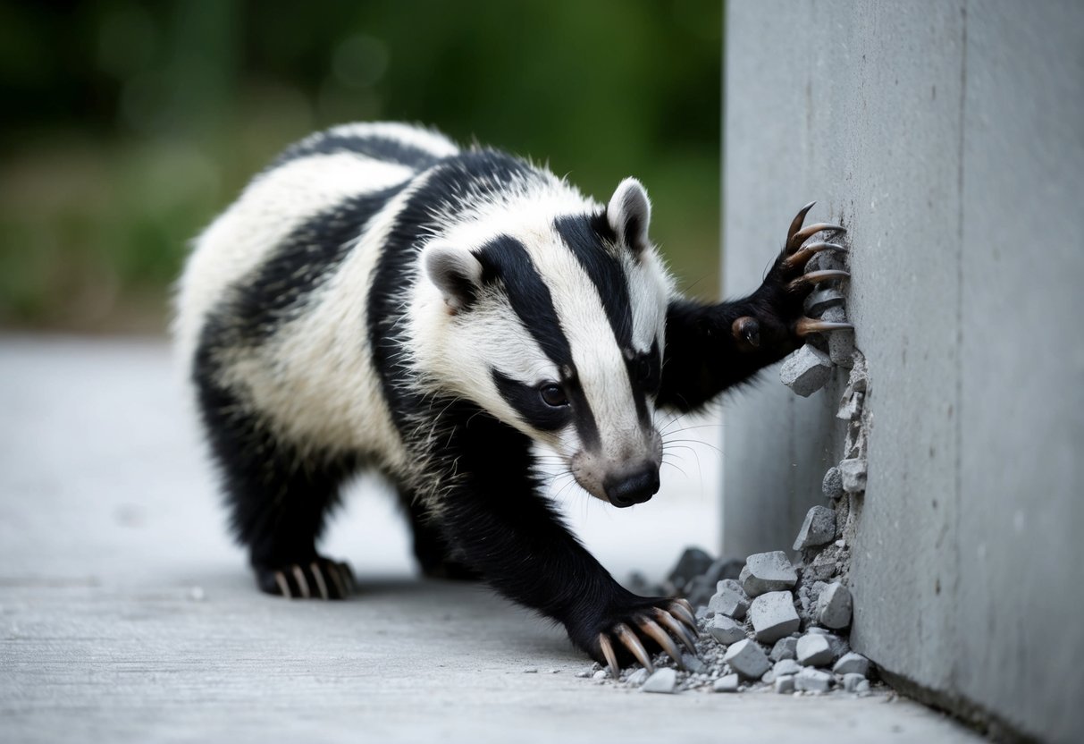 A determined badger claws at solid concrete, its powerful paws and sharp claws chipping away at the surface in a futile effort to dig through