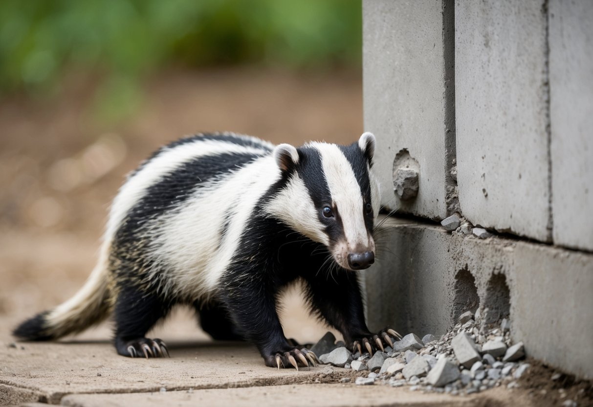 A badger digs at the base of a concrete structure, its powerful claws chipping away at the hardened surface
