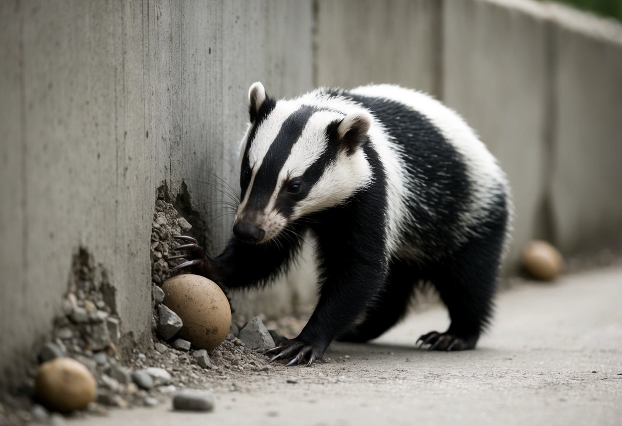 A badger digs through a thick layer of concrete using its powerful claws, determined to reach its prey hiding beneath