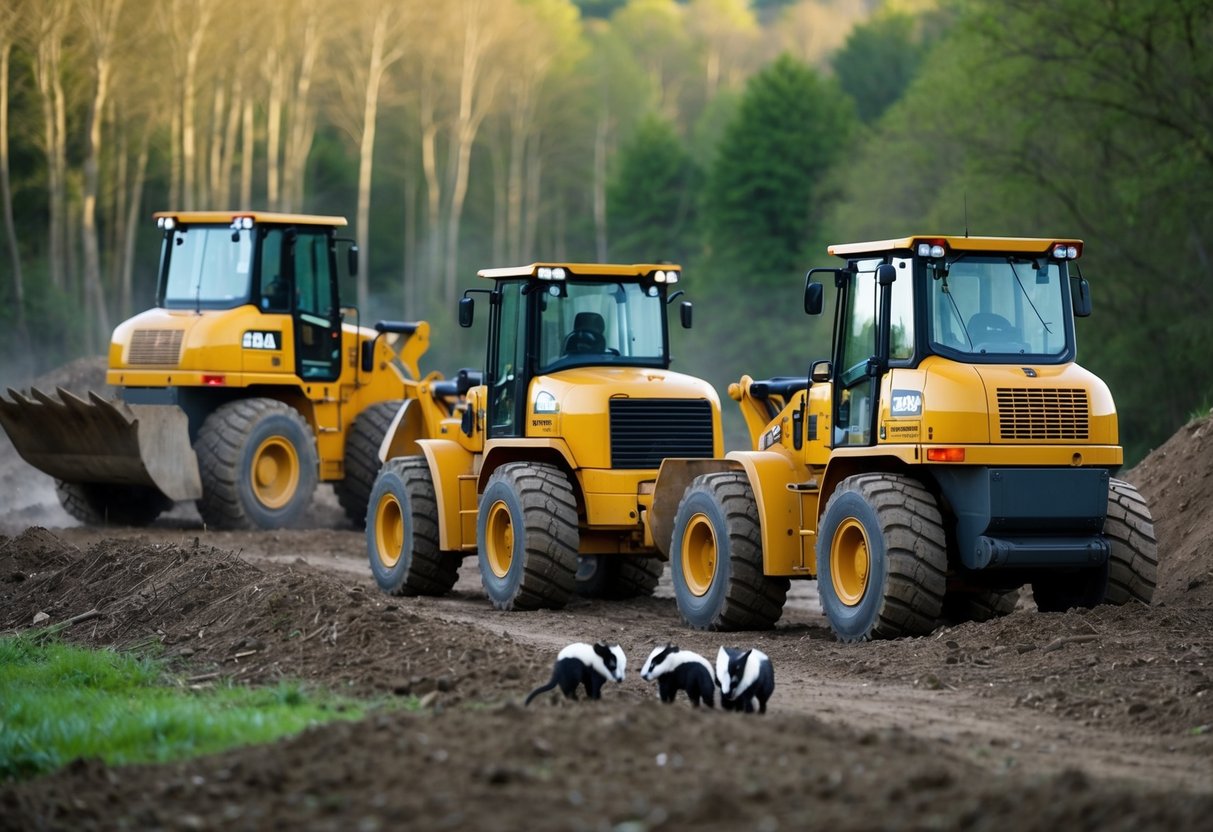 A group of bulldozers clearing a forest, while a family of badgers watches helplessly from their burrow