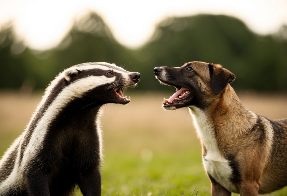 A badger and a dog stand facing each other, both barking loudly