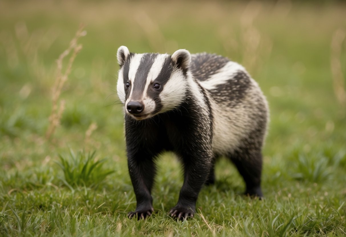 A badger stands in a grassy field, emitting low, guttural vocalizations. Its ears are perked and its body is tense, resembling a mixture of a growl and a bark