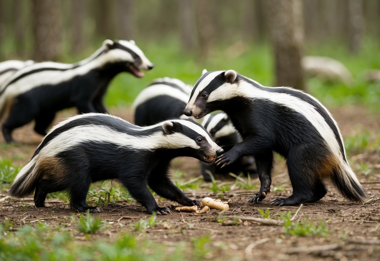 A group of badgers gather in a forest clearing, some foraging for food while others playfully interact with each other. One badger emits a series of short, sharp barks, resembling the sound of a small dog