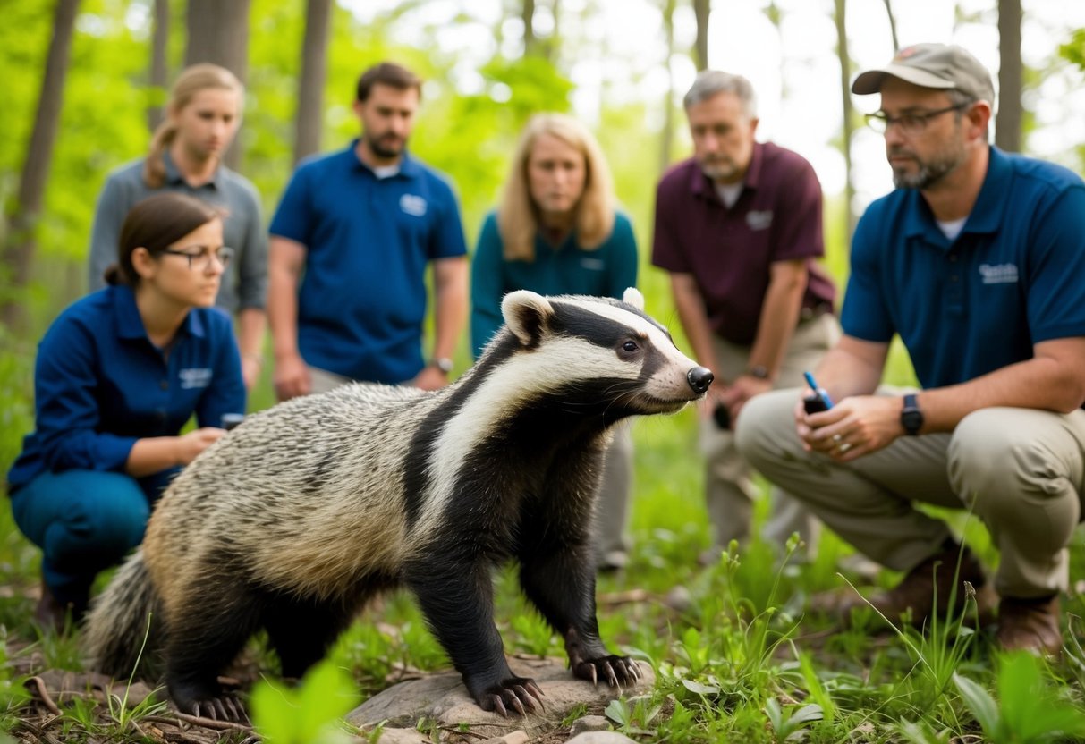 A group of scientists observe a badger in its natural habitat, recording its behavior and vocalizations