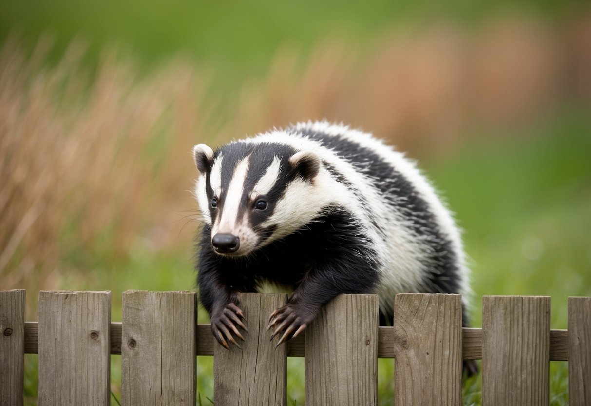 A badger squeezes through a narrow gap in a wooden fence