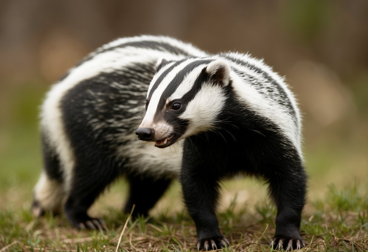 A badger stands alert, ears perked as it emits a low, guttural growl, resembling the sound of a dog's bark