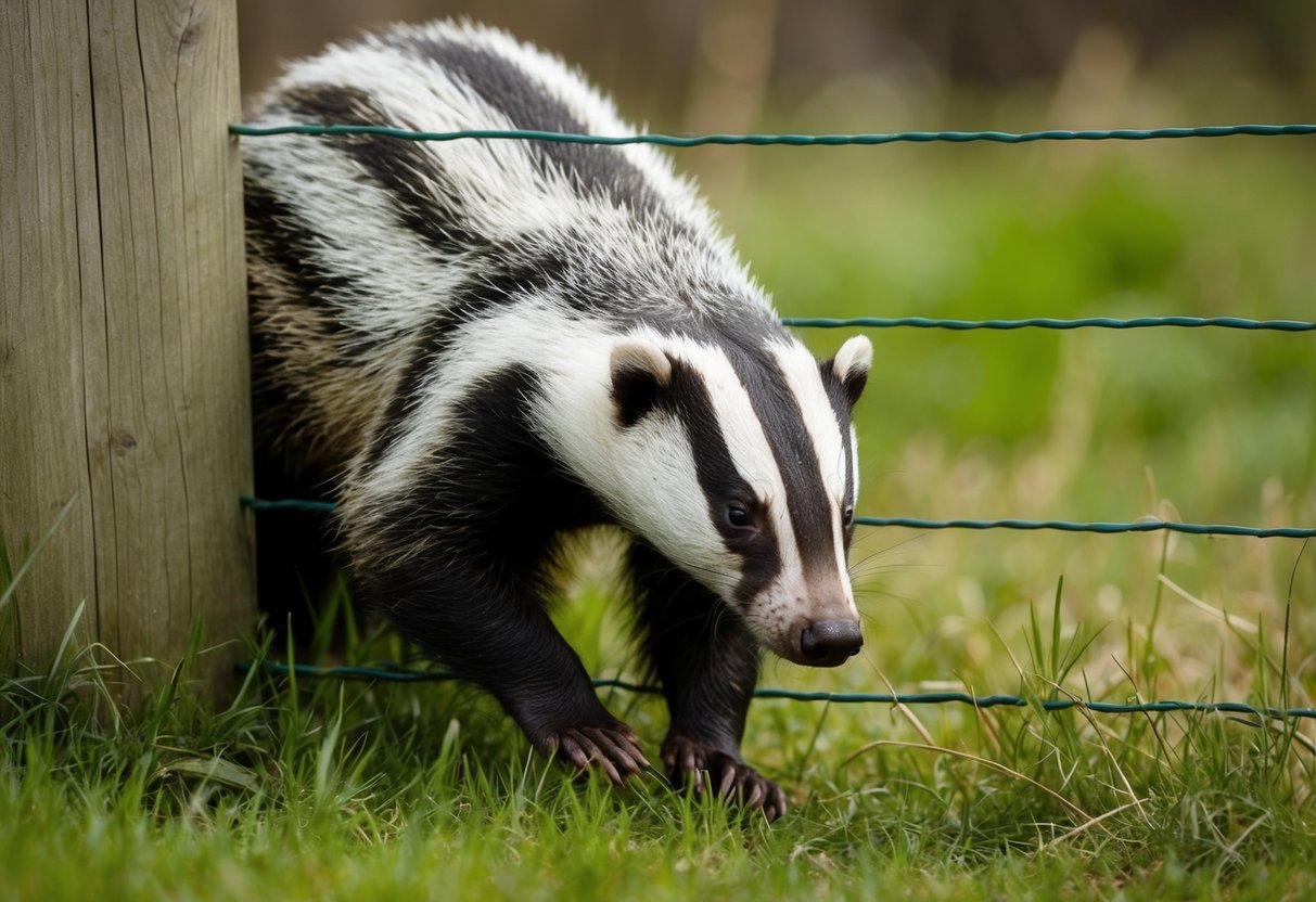 A badger squeezes through a narrow gap in a fence, demonstrating its ability to fit into tight spaces