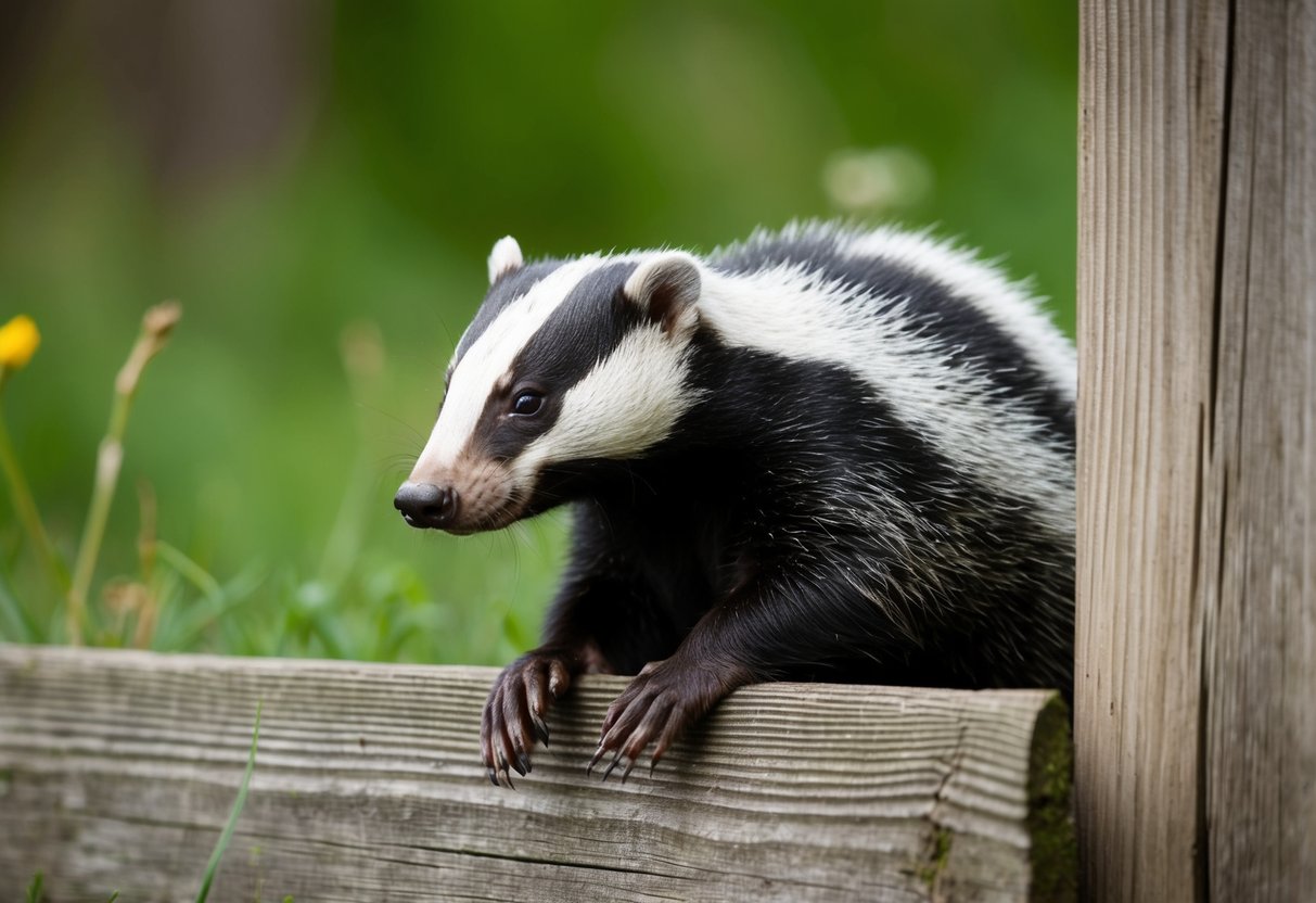 A badger squeezing through a narrow gap in a wooden fence