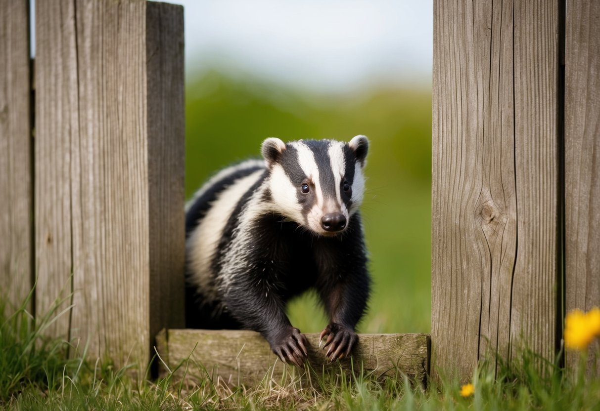 A badger squeezing through a narrow gap in a wooden fence