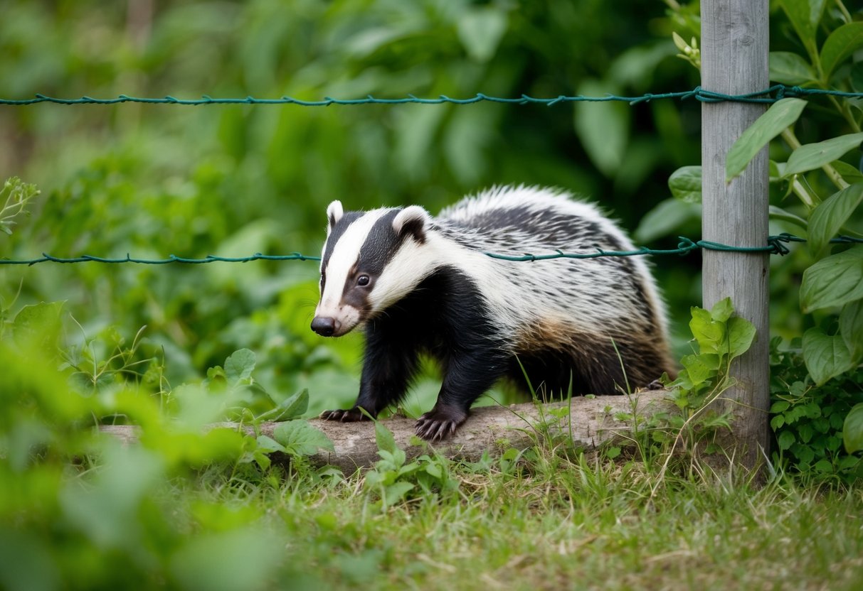 A badger squeezing through a narrow gap in a fence, surrounded by lush green vegetation and wildlife
