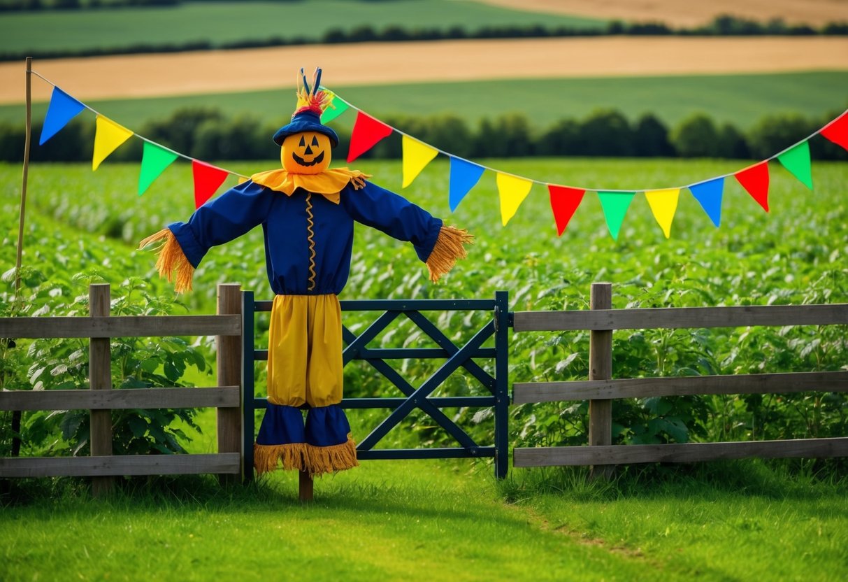 A scarecrow stands guard over a lush potato field, surrounded by a fence with a sturdy gate. Brightly colored flags flutter in the breeze, deterring the badgers from entering