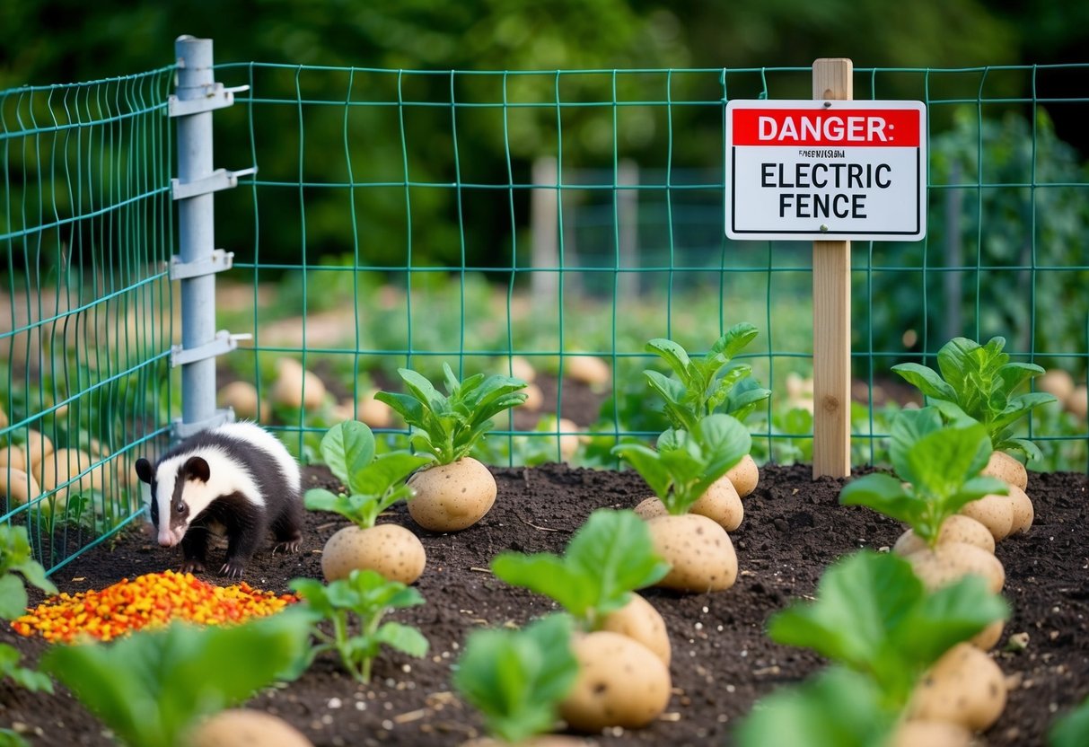 A sturdy metal fence surrounds a garden patch of flourishing potato plants, with a sign warning "Danger: Electric Fence." Nearby, a scattering of crushed red pepper flakes deters the persistent badgers
