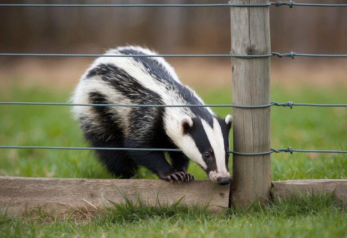 A badger squeezes through a narrow gap in a fence, its body contorted to fit through the tight space