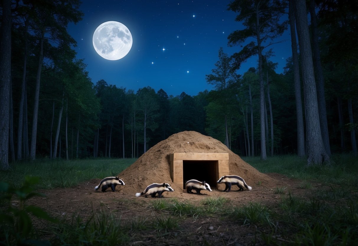 A moonlit clearing in a dense forest, with a burrow entrance and foraging badgers under the stars