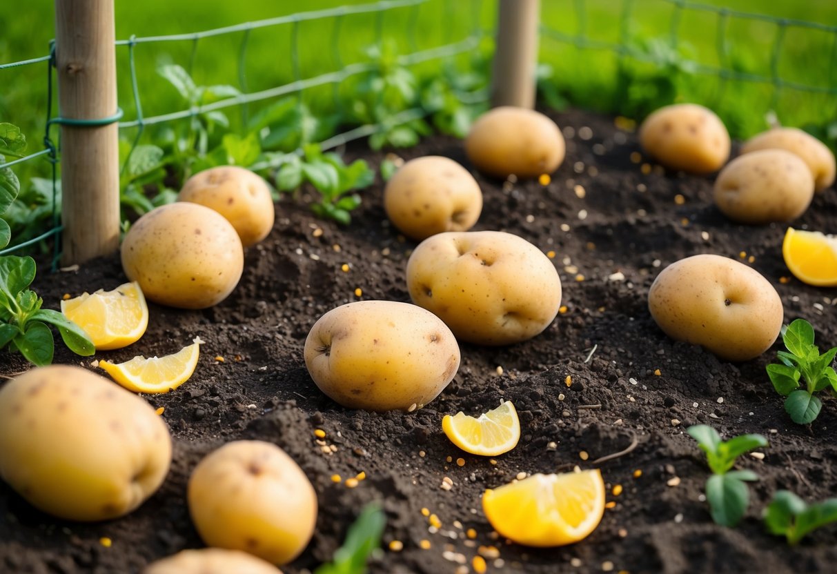 A garden with freshly dug up potatoes, surrounded by a sturdy fence and scattered with natural deterrents like citrus peels and cayenne pepper