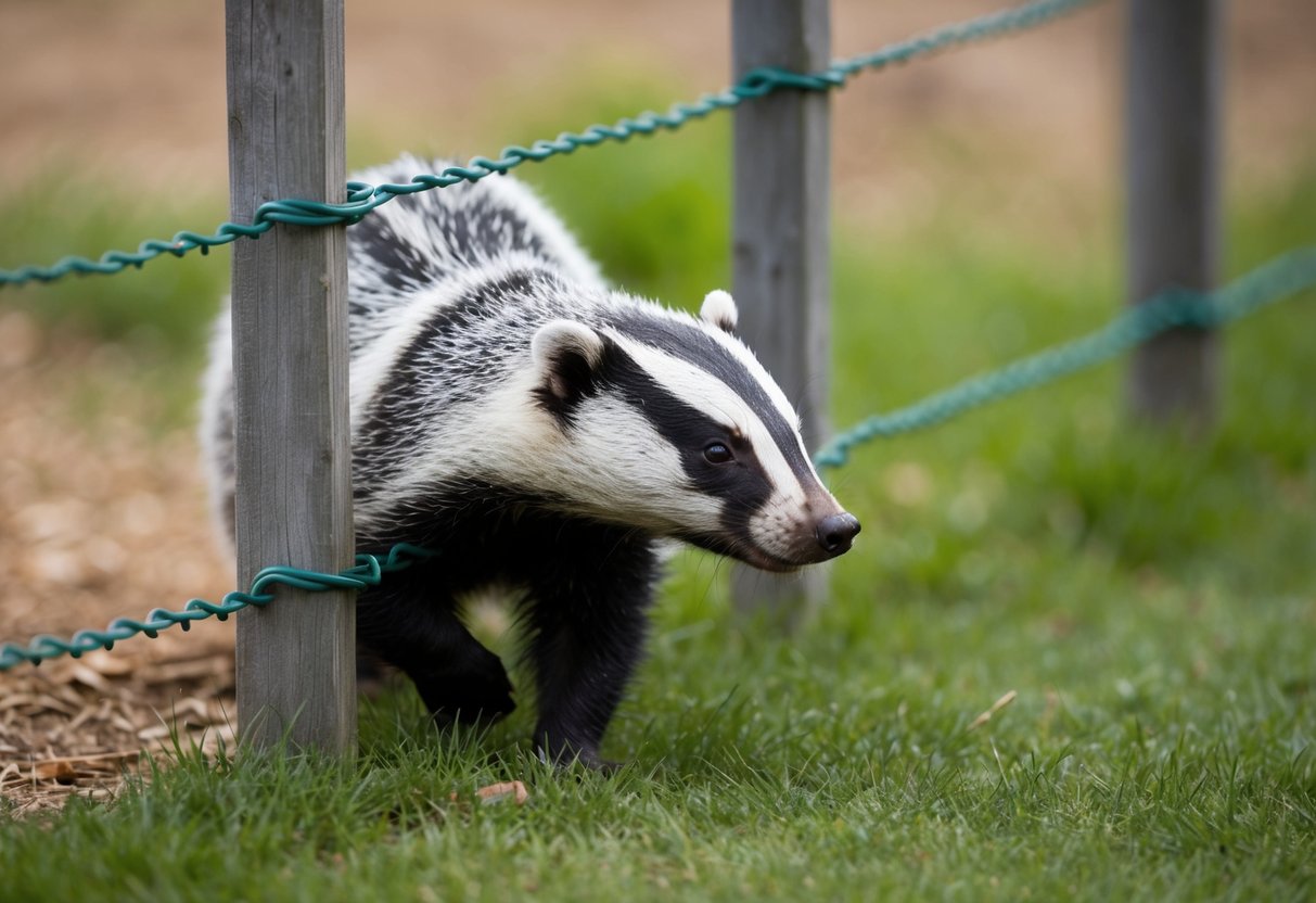 A badger squeezing through a narrow gap in a fence, demonstrating their ability to navigate small openings with ease