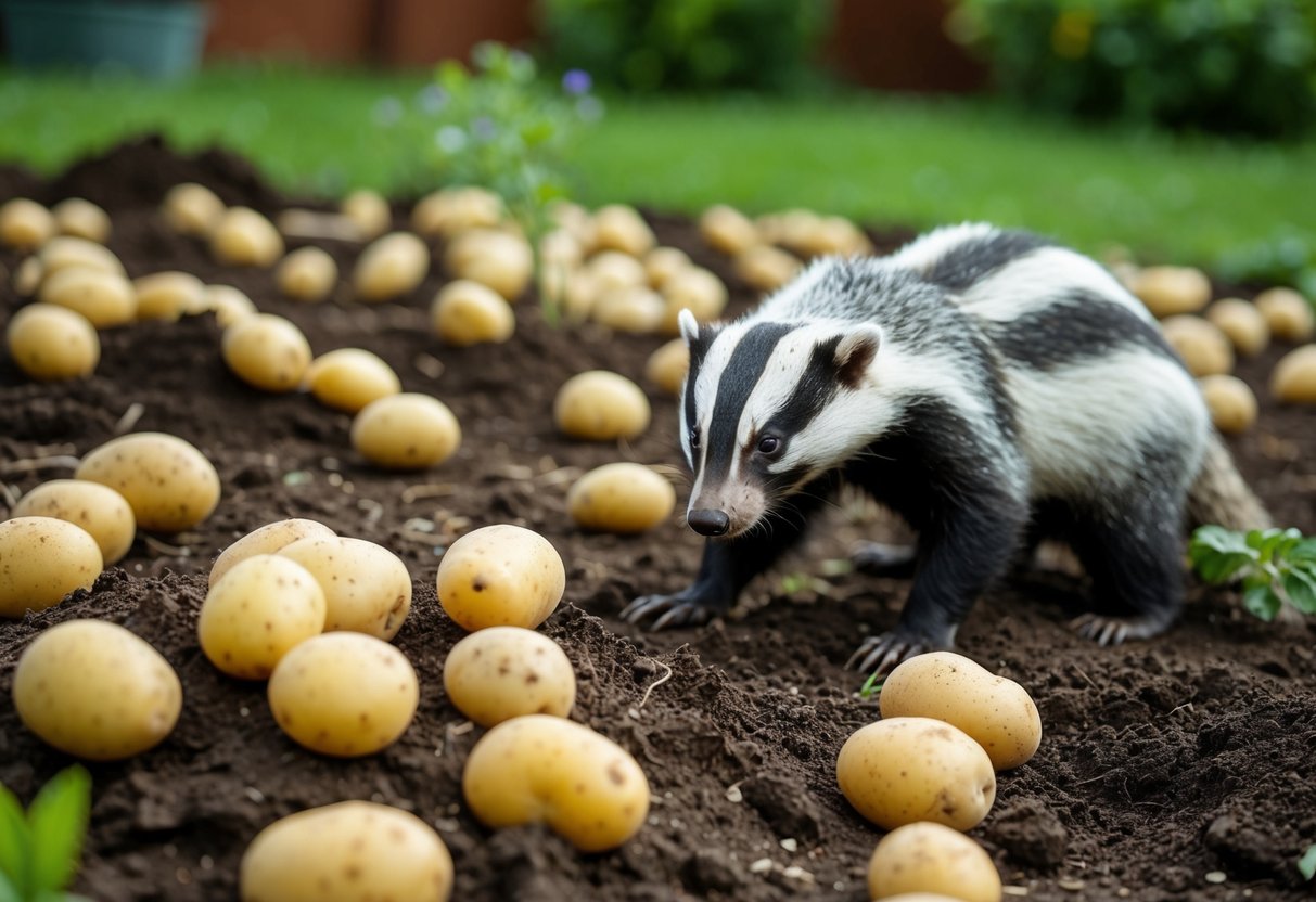 A garden with overturned soil and scattered potatoes, a frustrated badger nearby