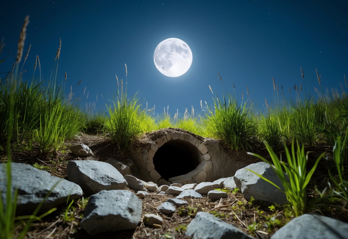 A moonlit forest clearing with a burrow entrance, surrounded by tall grass and scattered rocks. The night sky is clear, and the air is still