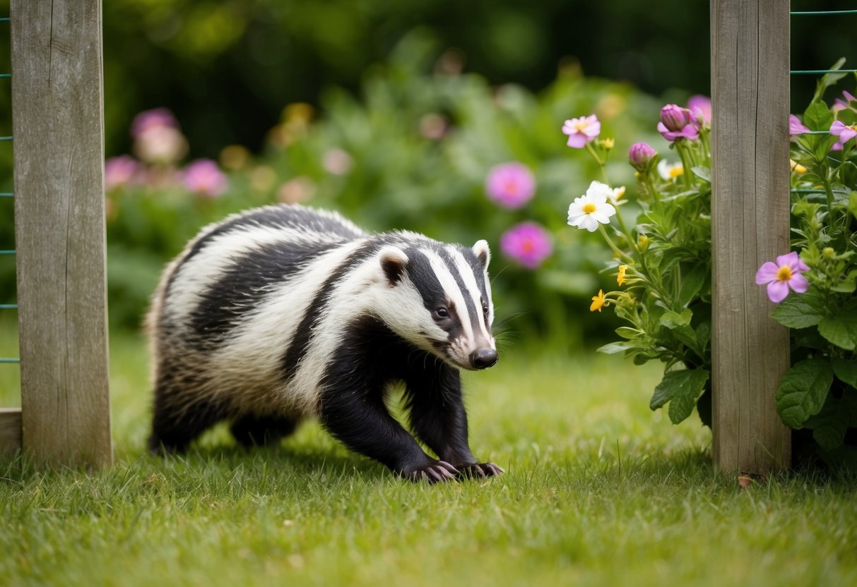 A badger squeezes through a small gap in a garden fence, emerging into a lush, flower-filled garden