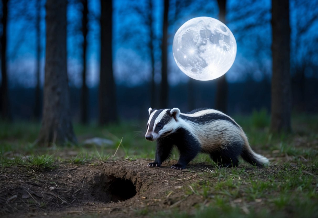 A moonlit forest clearing, with a burrow entrance and a badger emerging at dusk