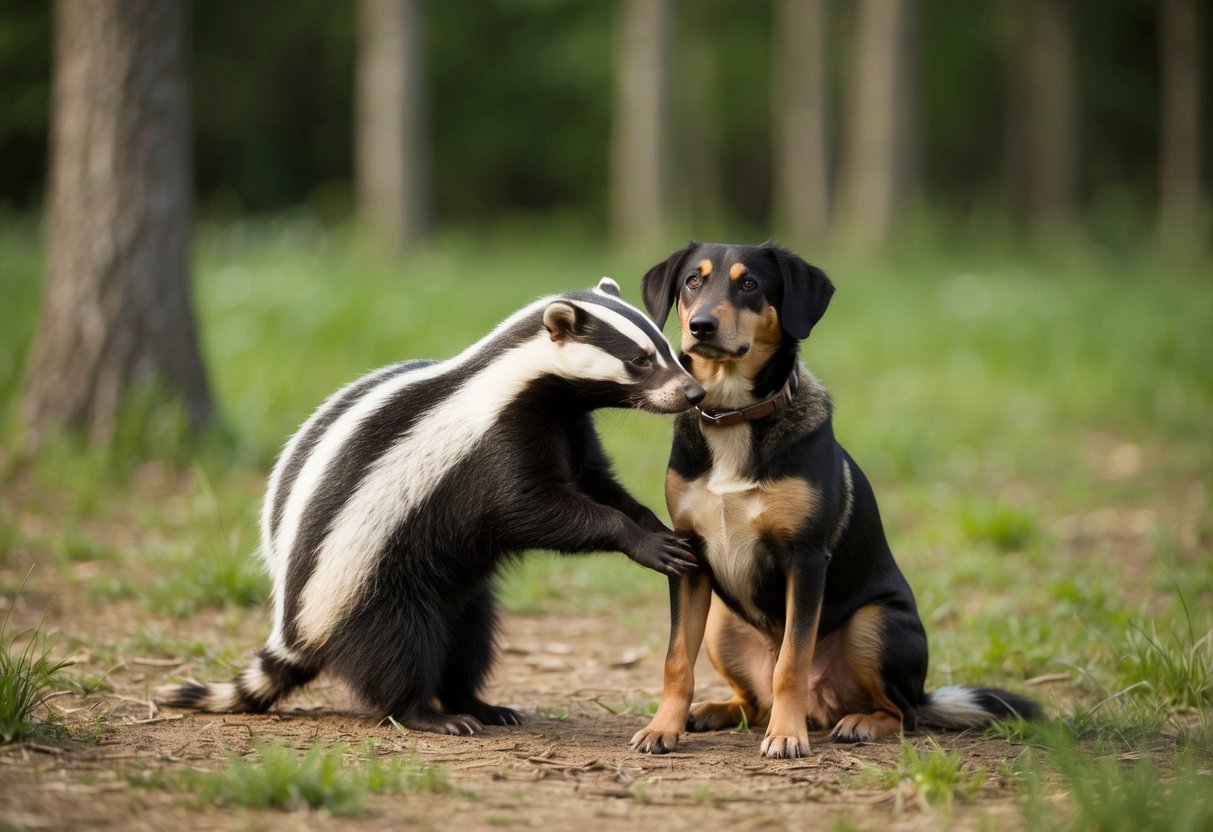 A badger and a dog in a forest clearing, with the badger inspecting the dog's fur for fleas
