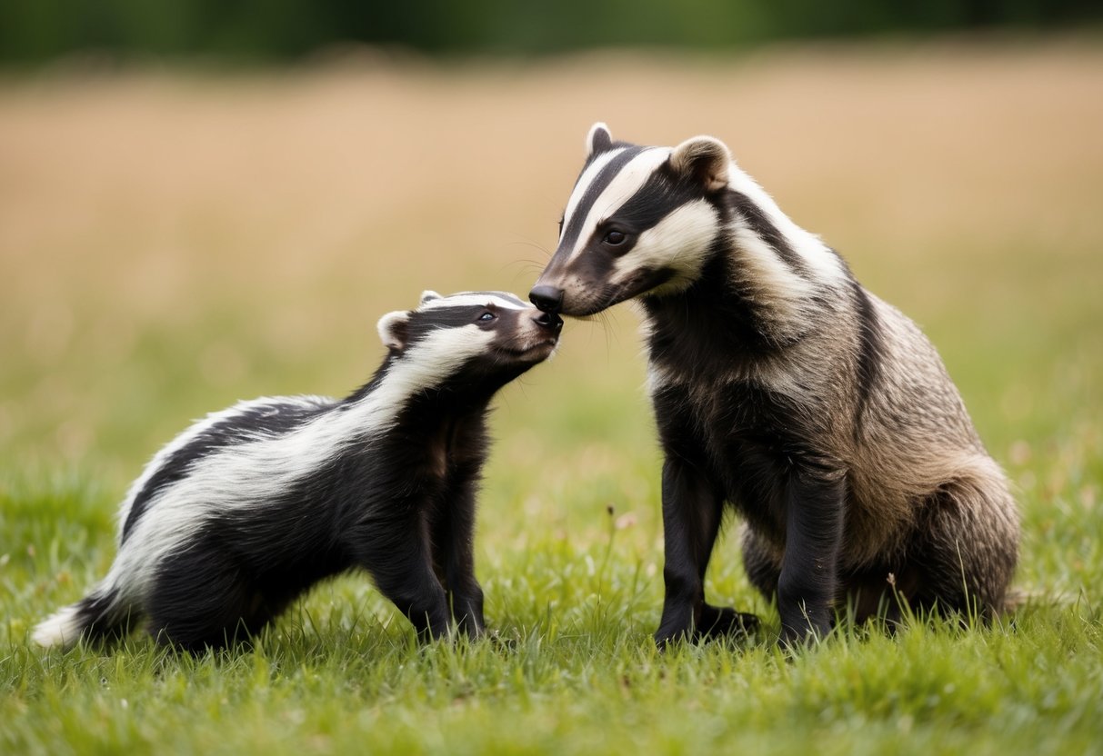 A badger and a dog in a grassy field, with the badger inspecting the dog's fur for fleas