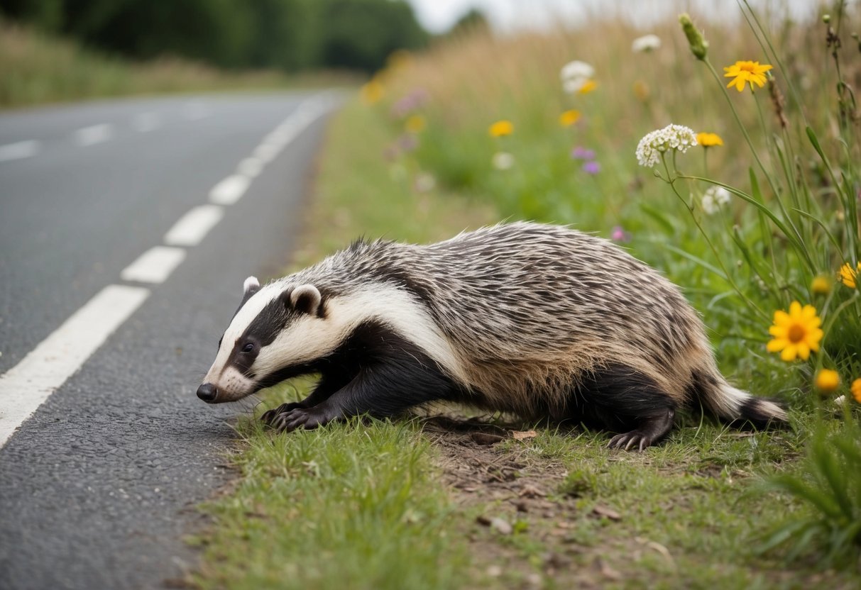 A dead badger lies on the side of a country road in the UK, surrounded by grass and wildflowers