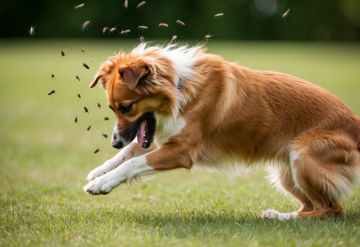 A dog scratching furiously while tiny, jumping insects are visible in its fur