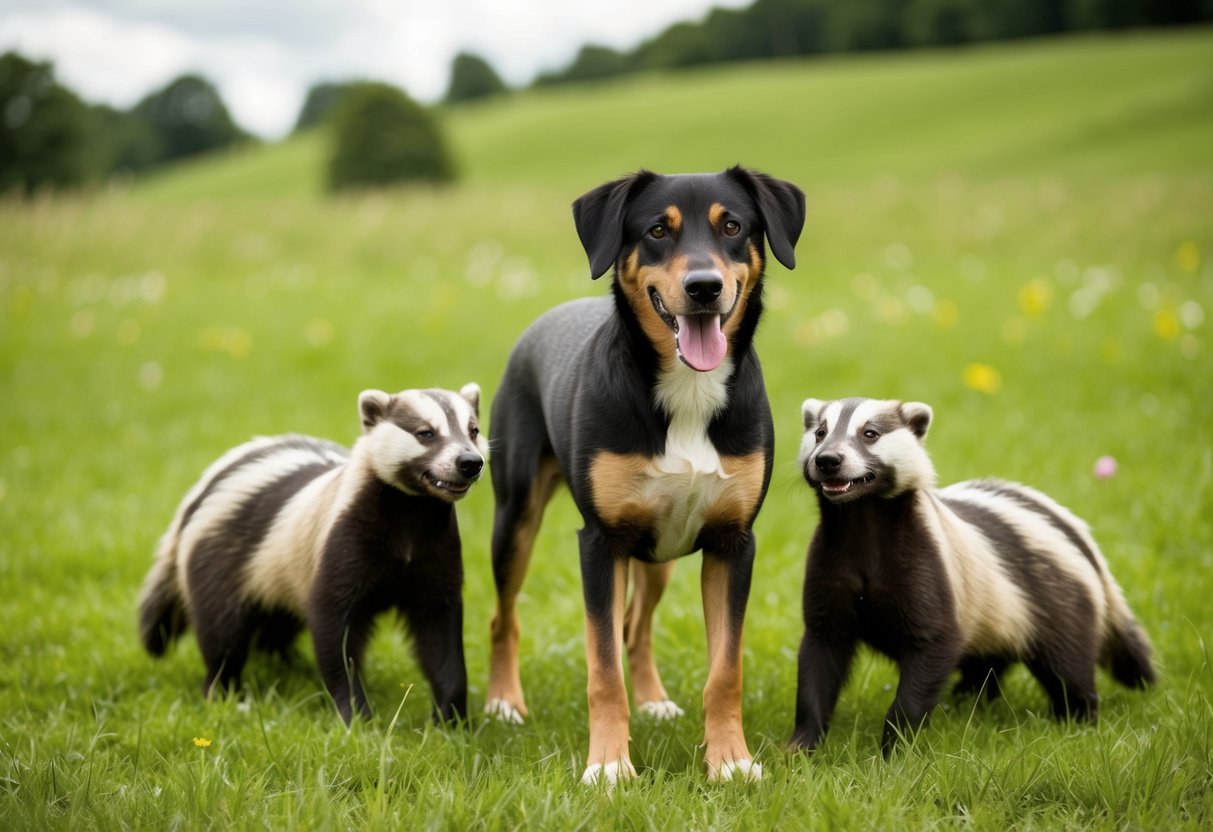 A dog with a shiny coat stands in a green meadow, surrounded by happy badgers. The dog's fur is free of fleas, thanks to an effective treatment