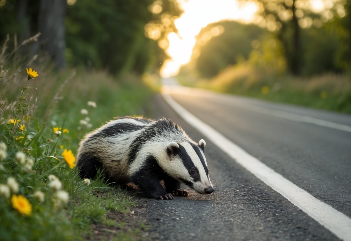 A dead badger lies on the side of a country road, surrounded by trees and wildflowers. The setting sun casts a warm glow over the scene