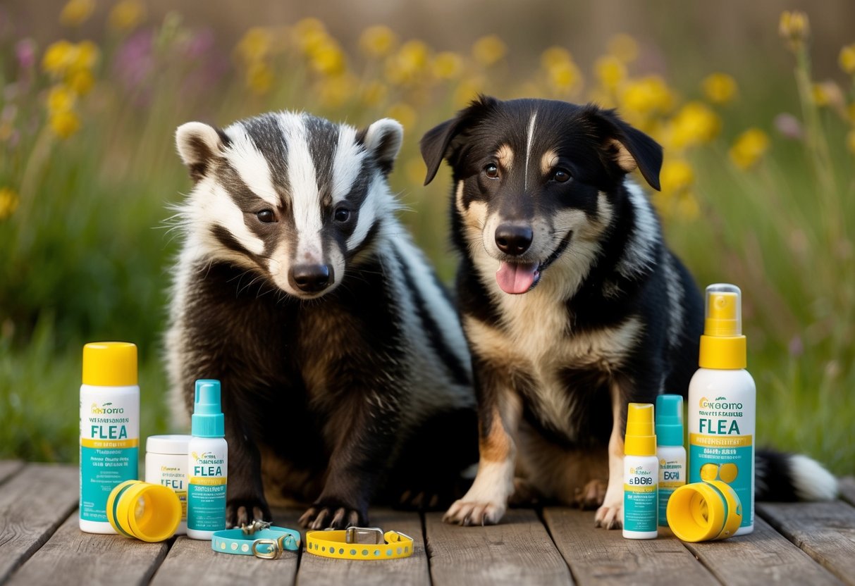 A badger and a dog sitting together, both looking content and flea-free, surrounded by preventative flea treatment products such as collars and sprays