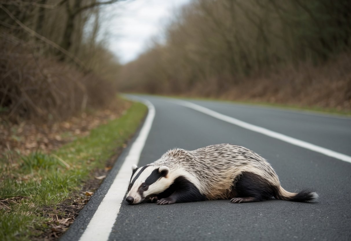 A road with a dead badger lying on the side, surrounded by trees and bushes