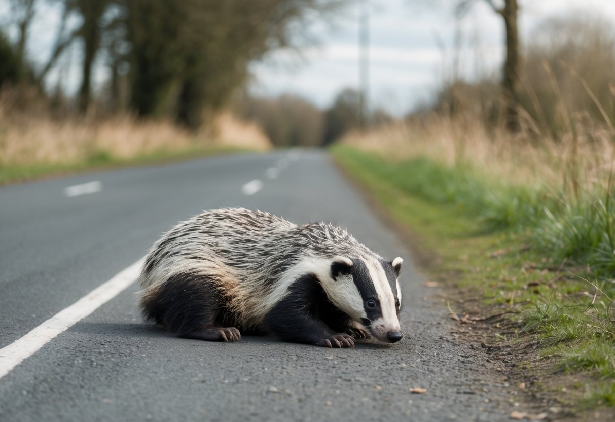 A dead badger lying on the side of a rural road in the UK, surrounded by grass and trees