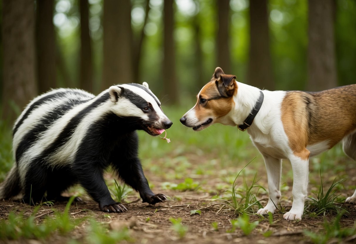 A badger and a dog encounter each other in a forest clearing. The badger looks sickly as it coughs and sneezes, while the dog cautiously sniffs around