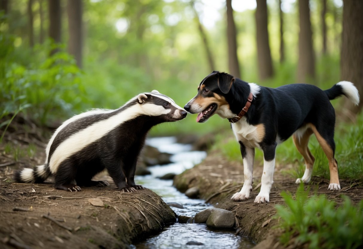 A badger and a dog face each other in a forest clearing, with a stream running through it. The badger appears healthy, while the dog looks curious but cautious