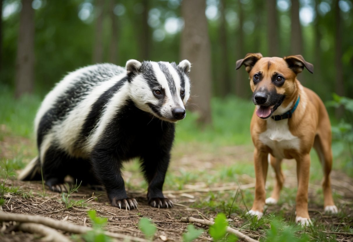 A badger and a dog in a forest clearing, with the badger appearing sickly and the dog looking wary