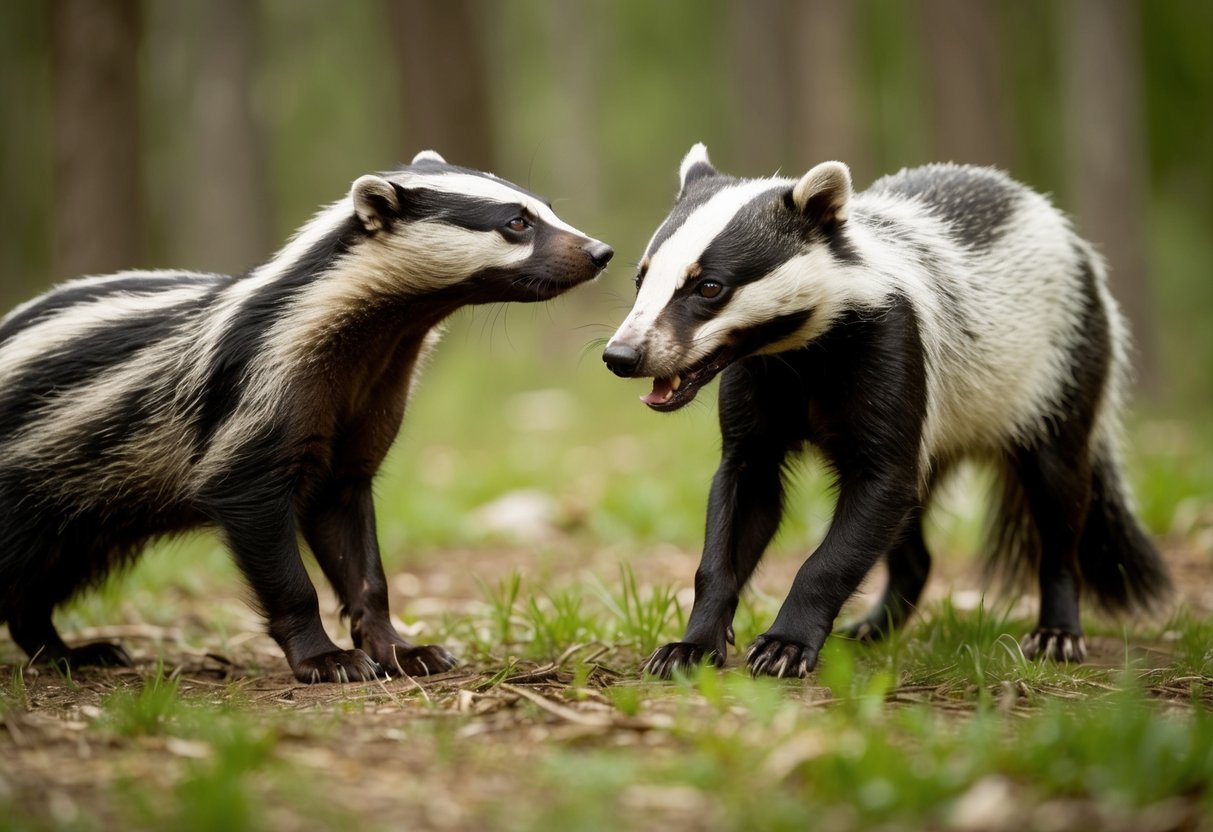 A dog and a badger encounter each other in a forest clearing. The dog is sniffing cautiously while the badger looks alert and defensive