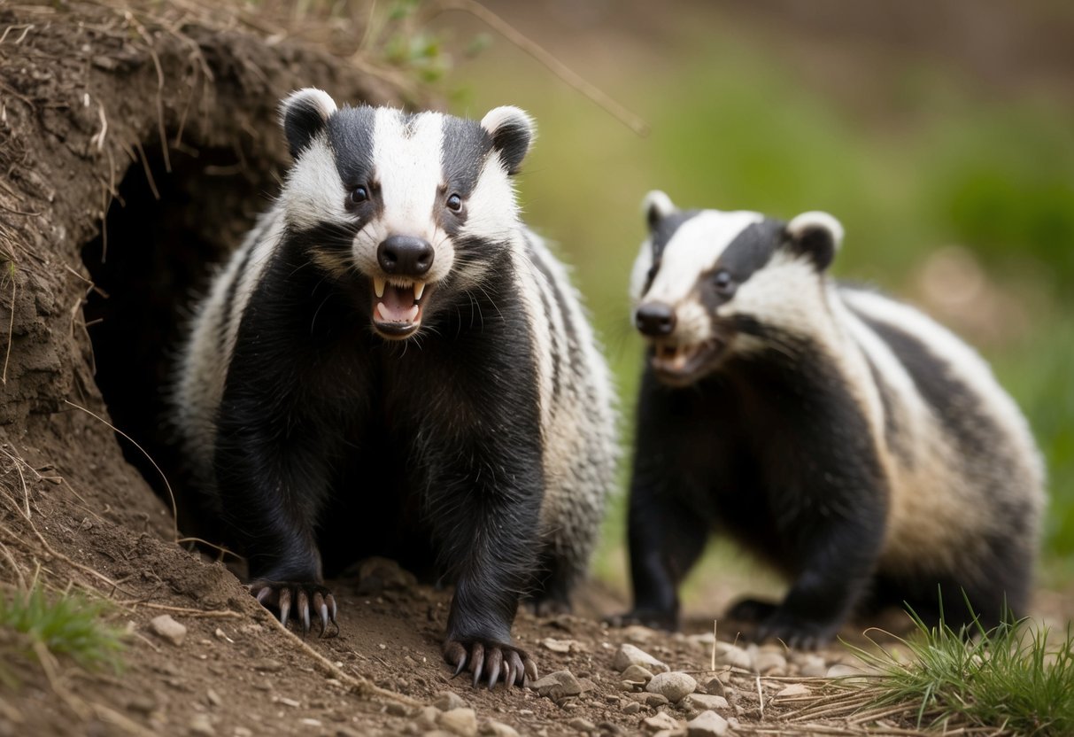 A badger emerges from its sett, snarling with bared teeth, while another badger stands guard at the entrance