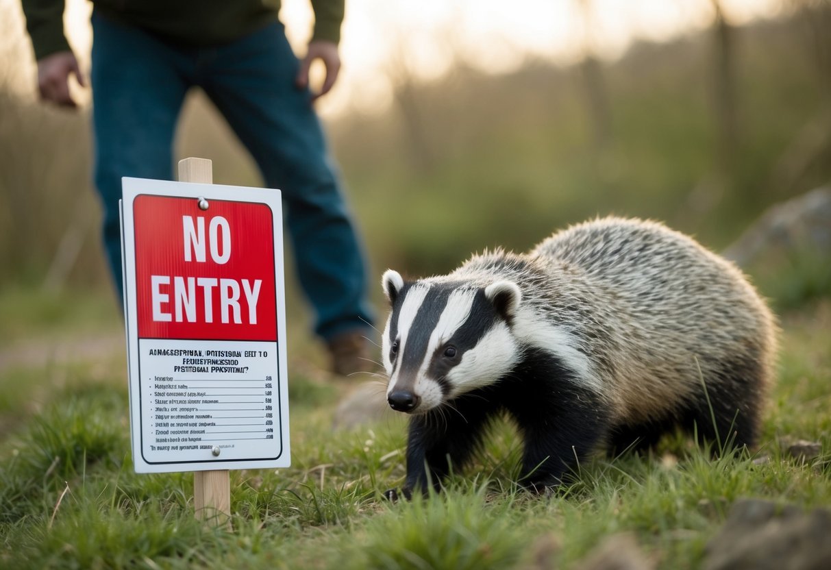 A person approaching a badger sett with a "no entry" sign and a legal document with penalties listed