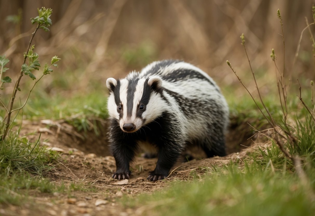 A badger emerges from its sett, surrounded by protected wildlife