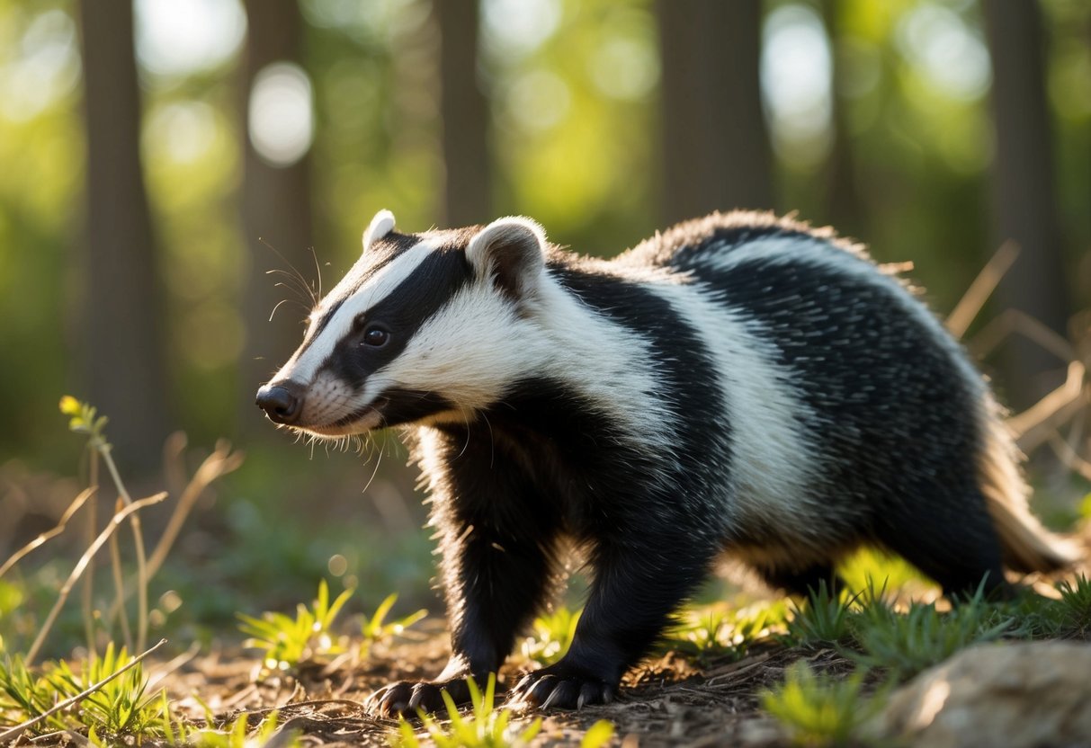 A badger emerges from the forest, its sleek black and white fur catching the sunlight as it forages in the daylight